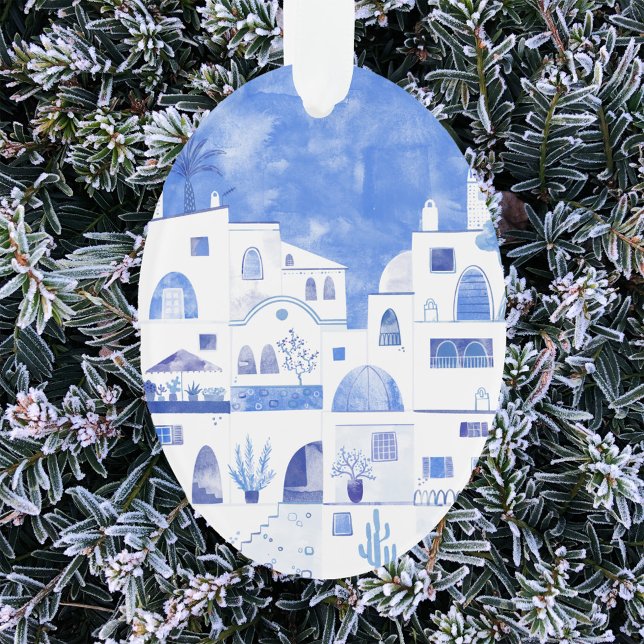 Santorini Griechenland Aquäduktion Ornament (Santorini blue and white watercolor art Christmas ornament)