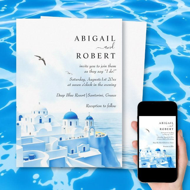 Santorini Griechenland Aquarellfarben-Hochzeit in  Einladung (Von Creator hochgeladen)