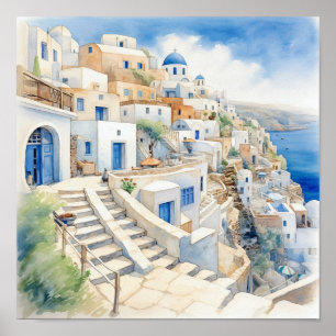 Santorini Griechenland Aquarellmaler Platz Poster