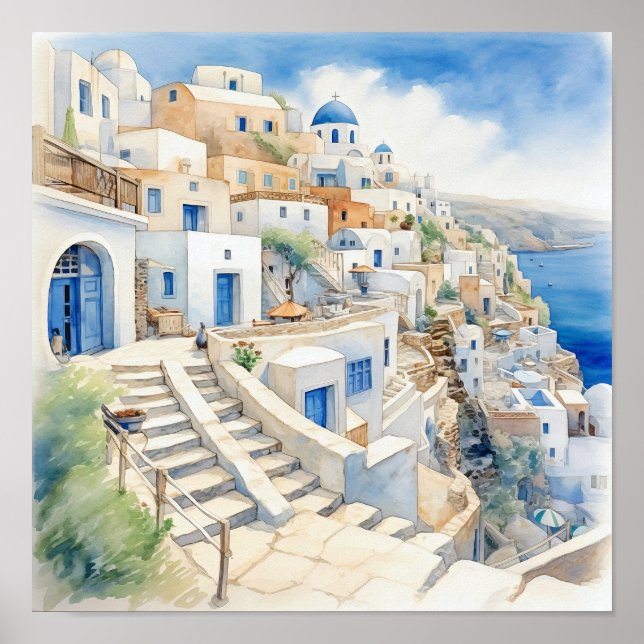 Santorini Griechenland Aquarellmaler Platz Poster (Vorne)