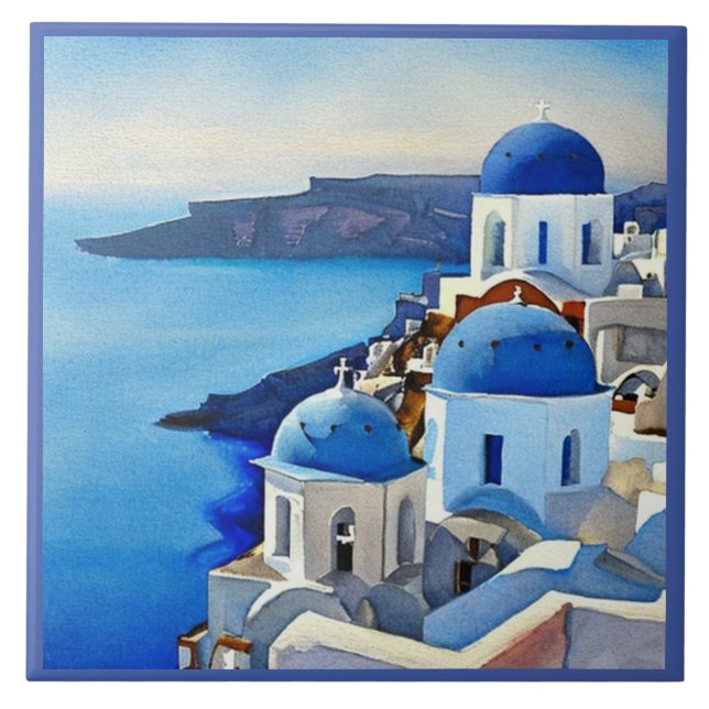 Santorini Griechenland Aquarellmalerei Fliese (Vorderseite)