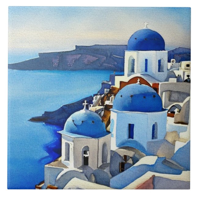 Santorini Griechenland Aquarellmalerei Fliese (Vorderseite)