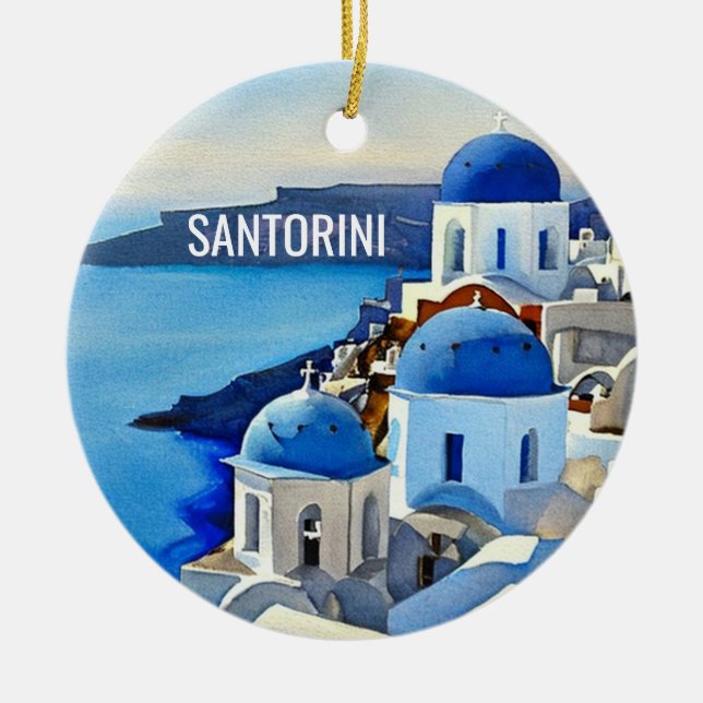 Santorini Griechenland Aquarellmalerei Keramik Ornament (Vorne)