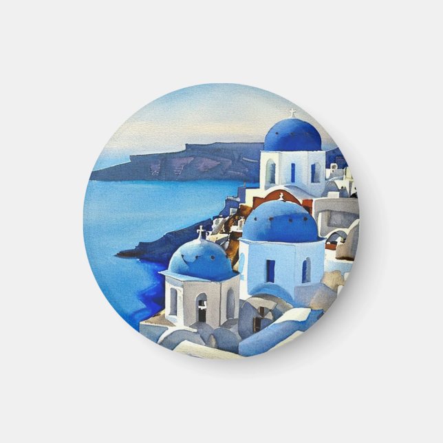 Santorini Griechenland Aquarellmalerei Magnet (Vorne)