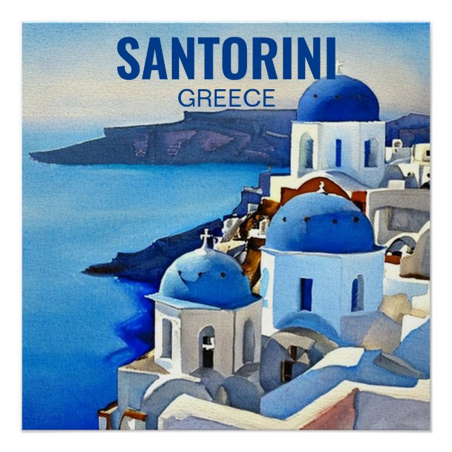 Santorini Griechenland Aquarellmalerei Poster (Vorderseite)