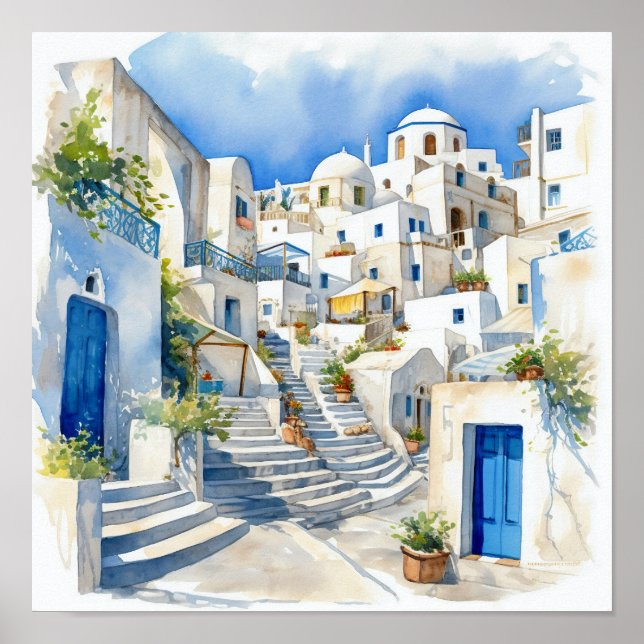 Santorini Griechenland Aquarellmalerei Quadrat Pos Poster (Vorne)