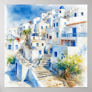 Santorini Griechenland Aquarellmalerei Quadrat Pos Poster
