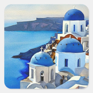Santorini Griechenland Aquarellmalerei Quadratischer Aufkleber