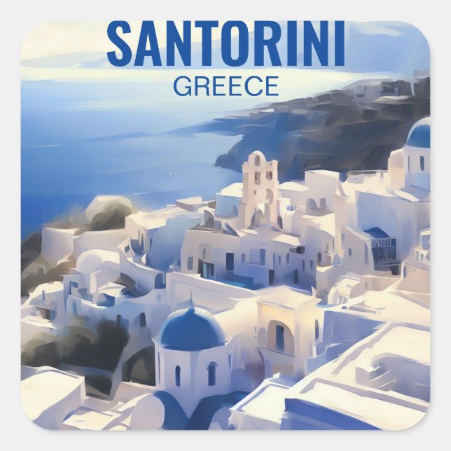 Santorini Griechenland Aquarellmalerei Quadratischer Aufkleber (Vorderseite)