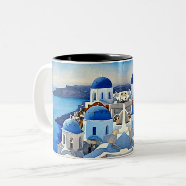 Santorini Griechenland Aquarellmalerei Zweifarbige Tasse (Vorderseite Links)