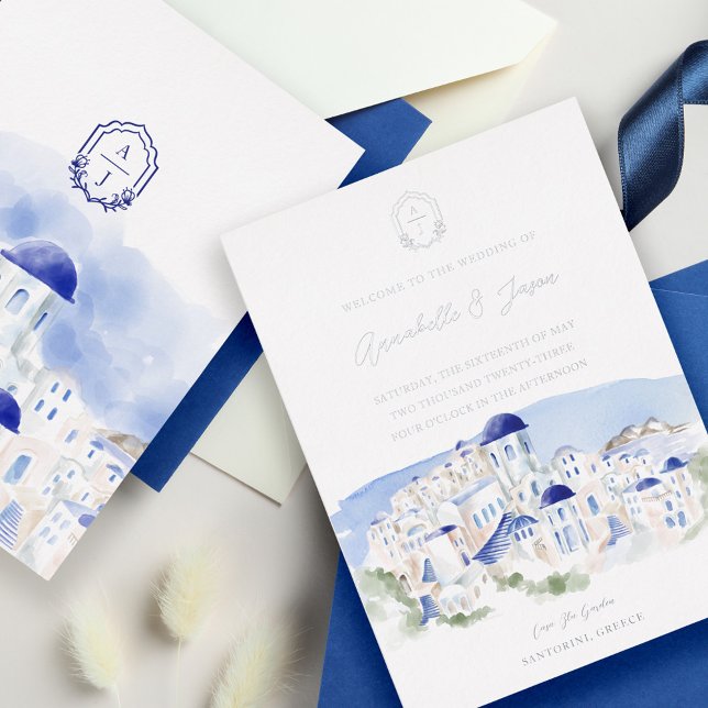 Santorini Griechenland Architectur Wasserfarbenhoc Folieneinladung (Santorini Greece Architecture Watercolor Wedding Foil Invitation)
