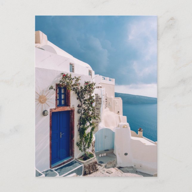 Santorini Griechenland - Blaue Tür beim Santorini- Postkarte (Vorderseite)