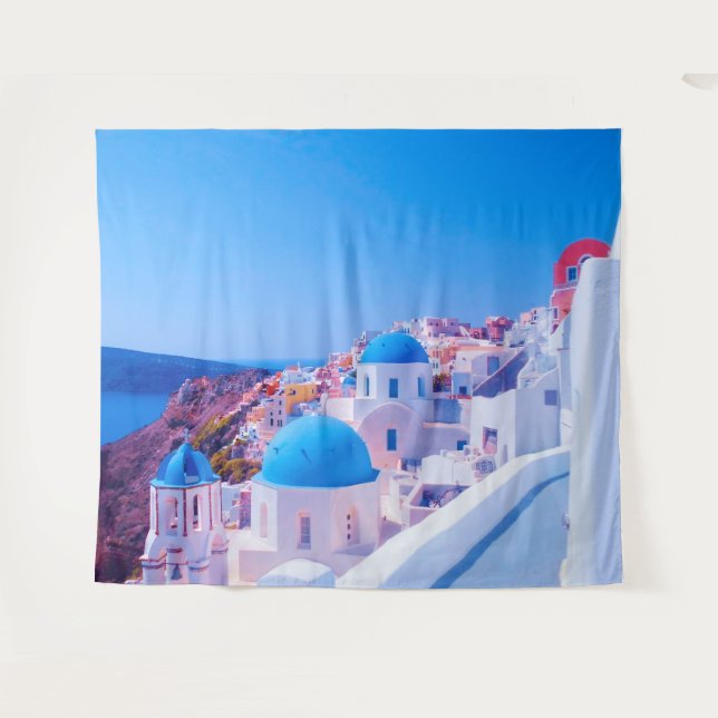 Santorini Griechenland Blue Island Foto Stand Hint Wandteppich (Vorderseite (Horizontal))
