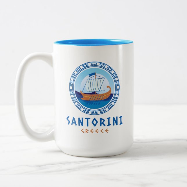 Santorini, Griechenland, griechisches Schiffsdesig Zweifarbige Tasse (Links)