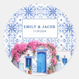 Santorini Griechenland Hochzeit Blau-Weiß Runder Aufkleber