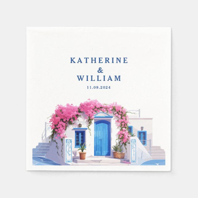 Santorini Griechenland Hochzeit Blau-Weiß Serviette (Vorderseite)