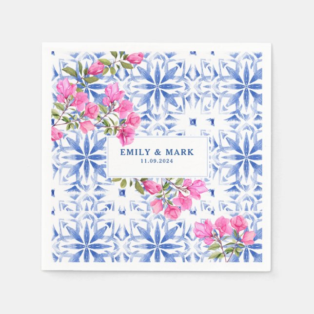 Santorini Griechenland Hochzeit Blau-Weiß Serviette (Vorderseite)