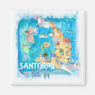Santorini Griechenland Illustrierte Karte mit Haup Magnet