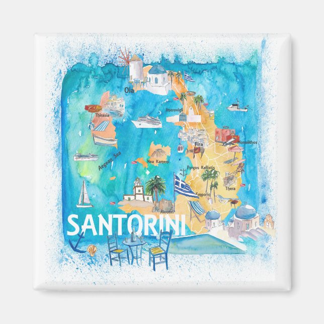 Santorini Griechenland Illustrierte Karte mit Haup Magnet (Vorne)