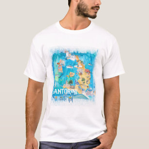 Santorini Griechenland Illustrierte Karte mit Haup T-Shirt