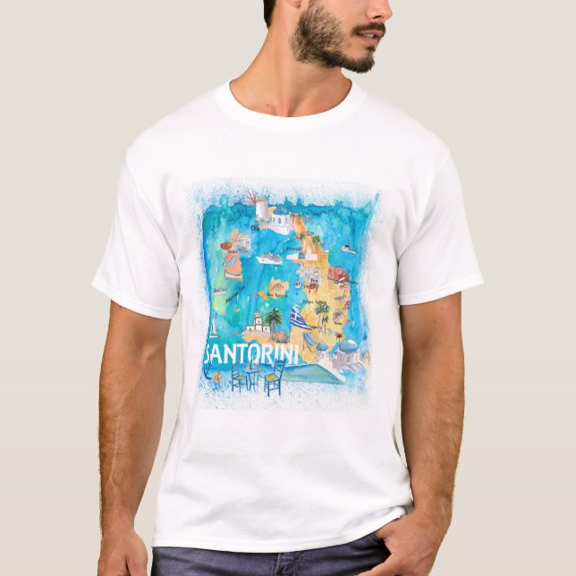 Santorini Griechenland Illustrierte Karte mit Haup T-Shirt (Vorderseite)