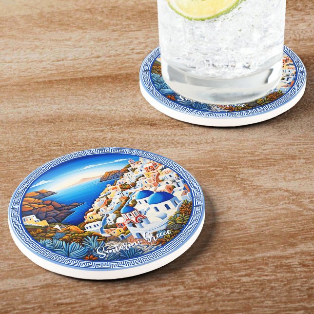 Santorini Griechenland Insel Malerei | Reisekunst Getränkeuntersetzer (Santorini Greece Island Painting | Travel Art Coaster)