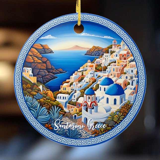 Santorini Griechenland Insel Malerei | Reisekunst Keramik Ornament (Santorini Greece Island Painting | Travel Art Ceramic Ornament)