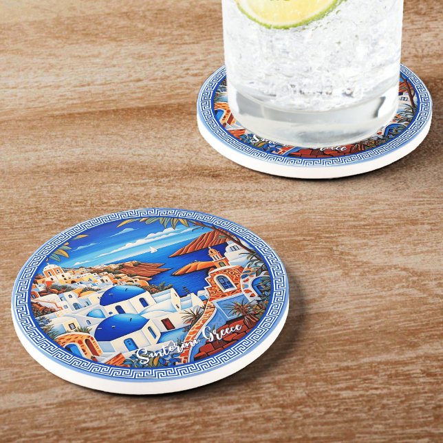 Santorini Griechenland Insel Meeresmalerei | Reise Getränkeuntersetzer (Santorini Greece Island Sea Painting | Travel Art Coaster)