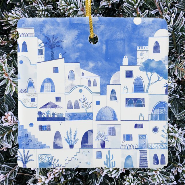 Santorini Griechenland Keramik Wasserfarben Keramikornament (Santorini Oia Greek island blue and white watercolor art Christmas ornament)