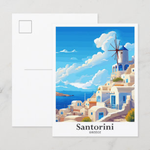 Santorini Griechenland Kunst Vintage Reise Illustr Postkarte