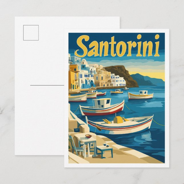 Santorini Griechenland Kunst Vintage Reise Illustr Postkarte (Vorne/Hinten)