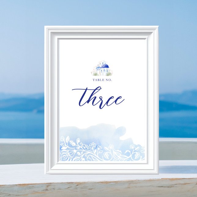 Santorini Griechenland Landschaft Blaues Wasser Ho Tischnummer (Santorini Greece Landscape Blue Watercolor Wedding Table Number)
