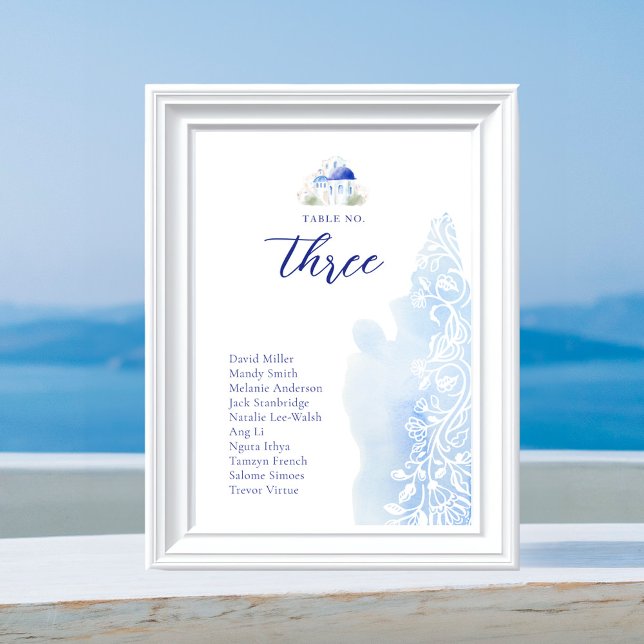 Santorini Griechenland Landschaft Blaues Wasser Ho Tischnummer (Santorini Greece Landscape Blue Watercolor Wedding Table Number)