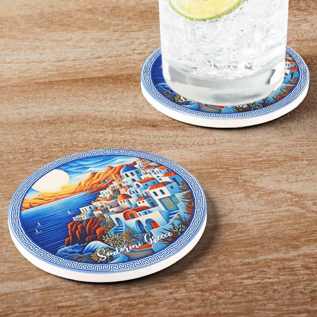 Santorini Griechenland Malerei | Reisekunst Getränkeuntersetzer (Santorini Greece Painting | Travel Art Coaster)
