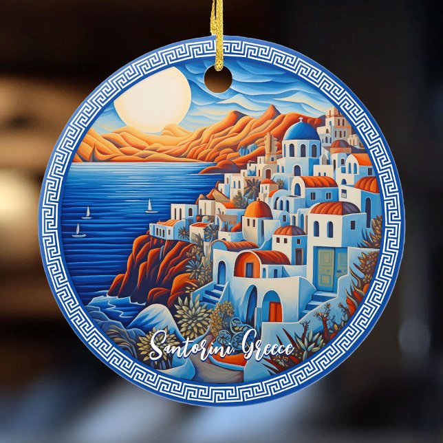 Santorini Griechenland Malerei | Reisekunst Keramik Ornament (Santorini Greece Painting | Travel Art Ceramic Ornament)