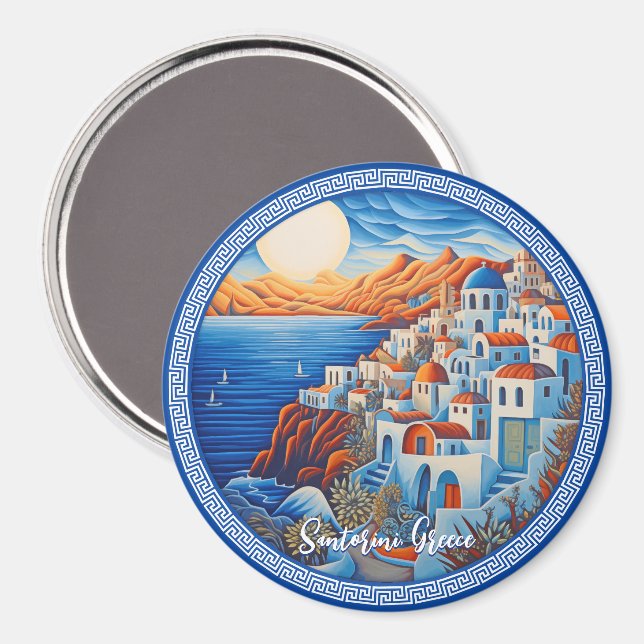 Santorini Griechenland Malerei | Reisekunst Magnet (Vorderseite/Rückseite)