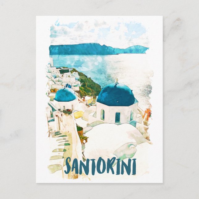Santorini Griechenland Reisen Wasserfarbe Postkarte (Vorderseite)