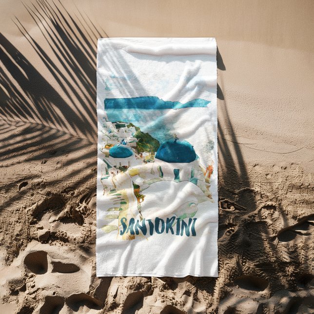 Santorini Griechenland Reisen Wasserfarbe Strandtuch (Santorini Greece Travel Watercolor Beach Towel)