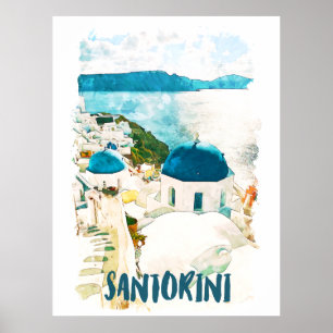 Santorini Griechenland Reisen Wasserfarbenplakat Poster