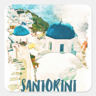 Santorini Griechenland Reisen Wasserfarbenplakat Quadratischer Aufkleber