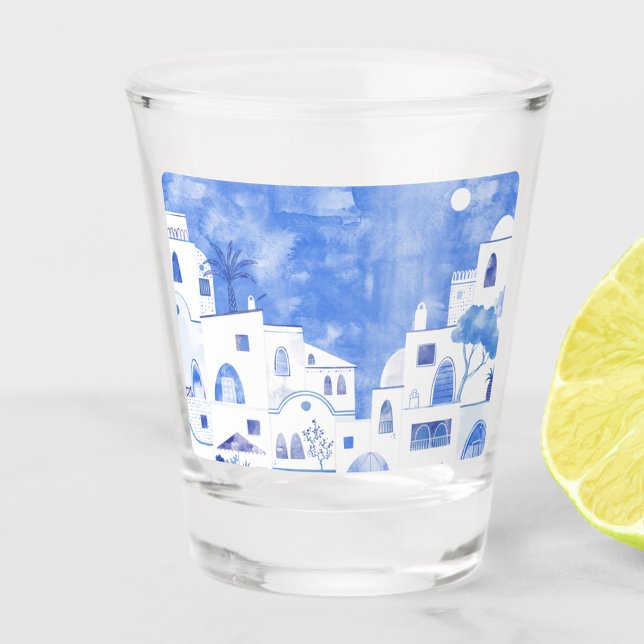 Santorini Griechenland Schnapsglas (Shot glass featuring a blue and white watercolor painting of Santorini)