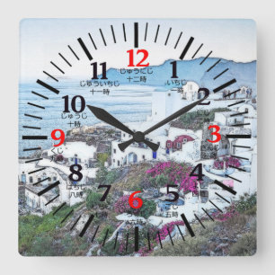 Santorini, Griechenland Uhr in Englisch und Japani