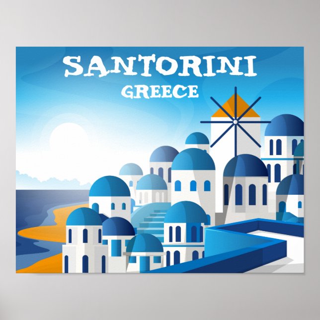 Santorini Griechenland Vintag Wasserfarbe Poster (Vorne)
