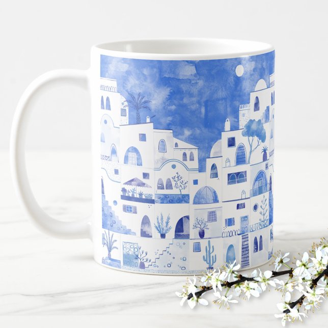 Santorini Griechenland Wassercolor Kaffeetasse (Santorini blue and white watercolor painting on a coffee mug)