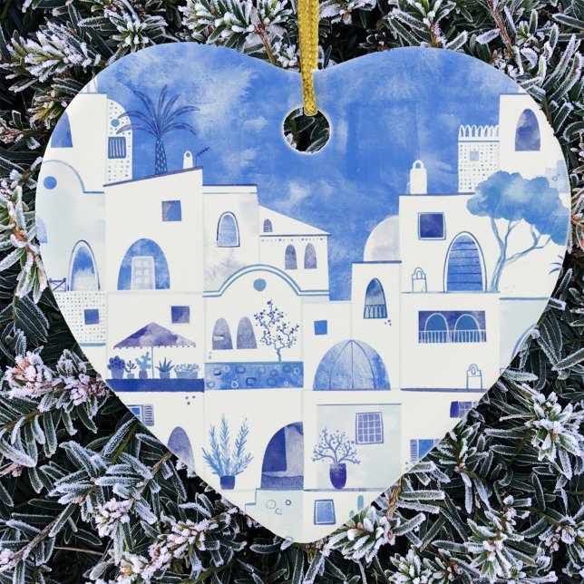 Santorini Griechenland Wassercolor Keramik Ornament (Santorini blue and white watercolor art Christmas ornament)