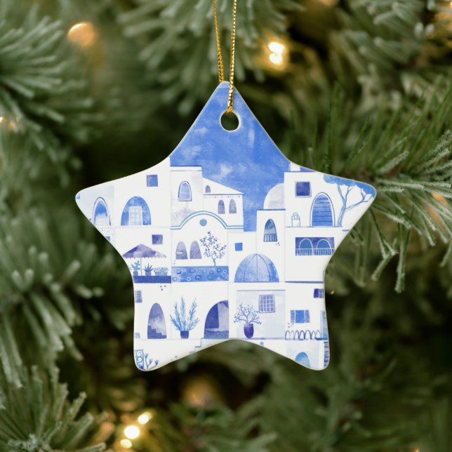 Santorini Griechenland Wassercolor Keramik Ornament (Baum)