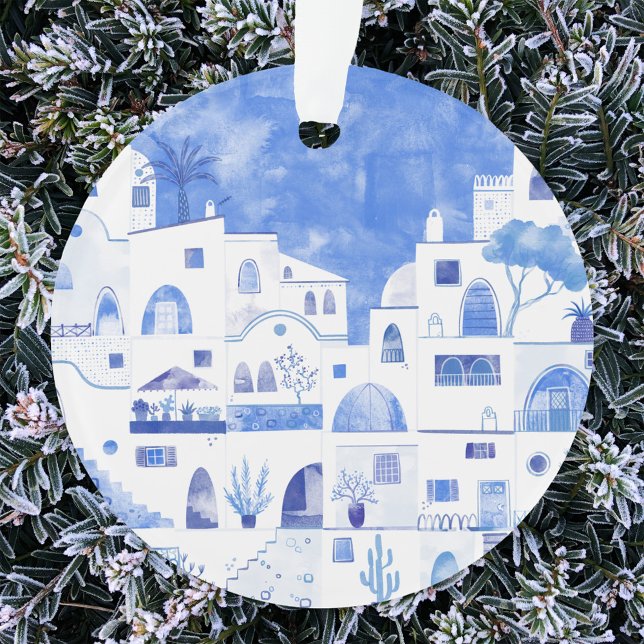 Santorini Griechenland Wassercolor Ornament (Santorini Greece blue and white watercolor art Christmas ornament)