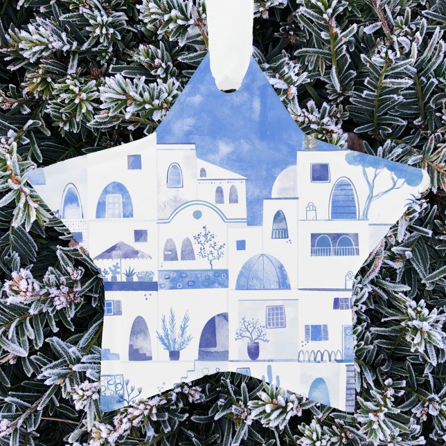 Santorini Griechenland Wassercolor Ornament (Watercolor Oia Santorini Greek Island holiday ornament)
