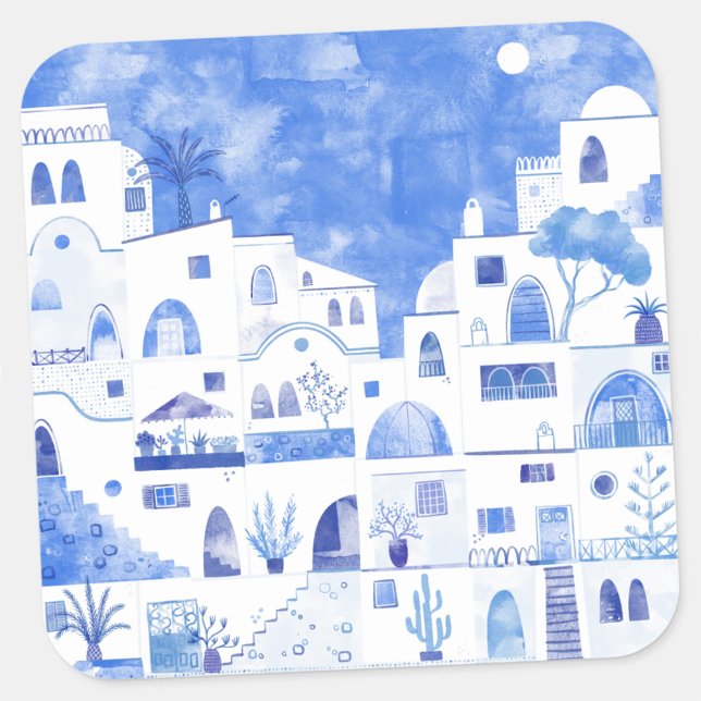 Santorini Griechenland Wassercolor Quadratischer Aufkleber (Santorini watercolor sticker)