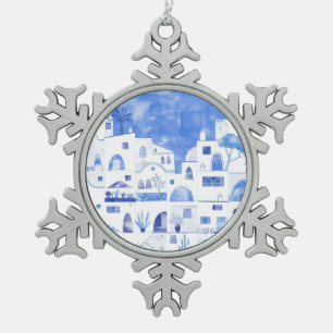Santorini Griechenland Wassercolor Schneeflocken Zinn-Ornament